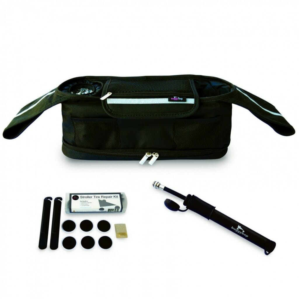 Air Tire Stroller Organizer with Built-In Tire Air Pump and Stroller Tire Repair Kit - Universal Fit with Insulated Cup Holder and Reflective Stripes