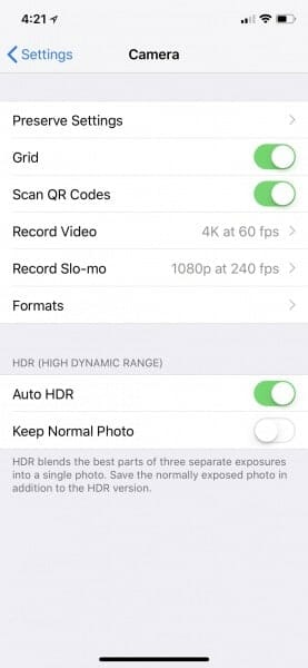 Camera settings in iOS